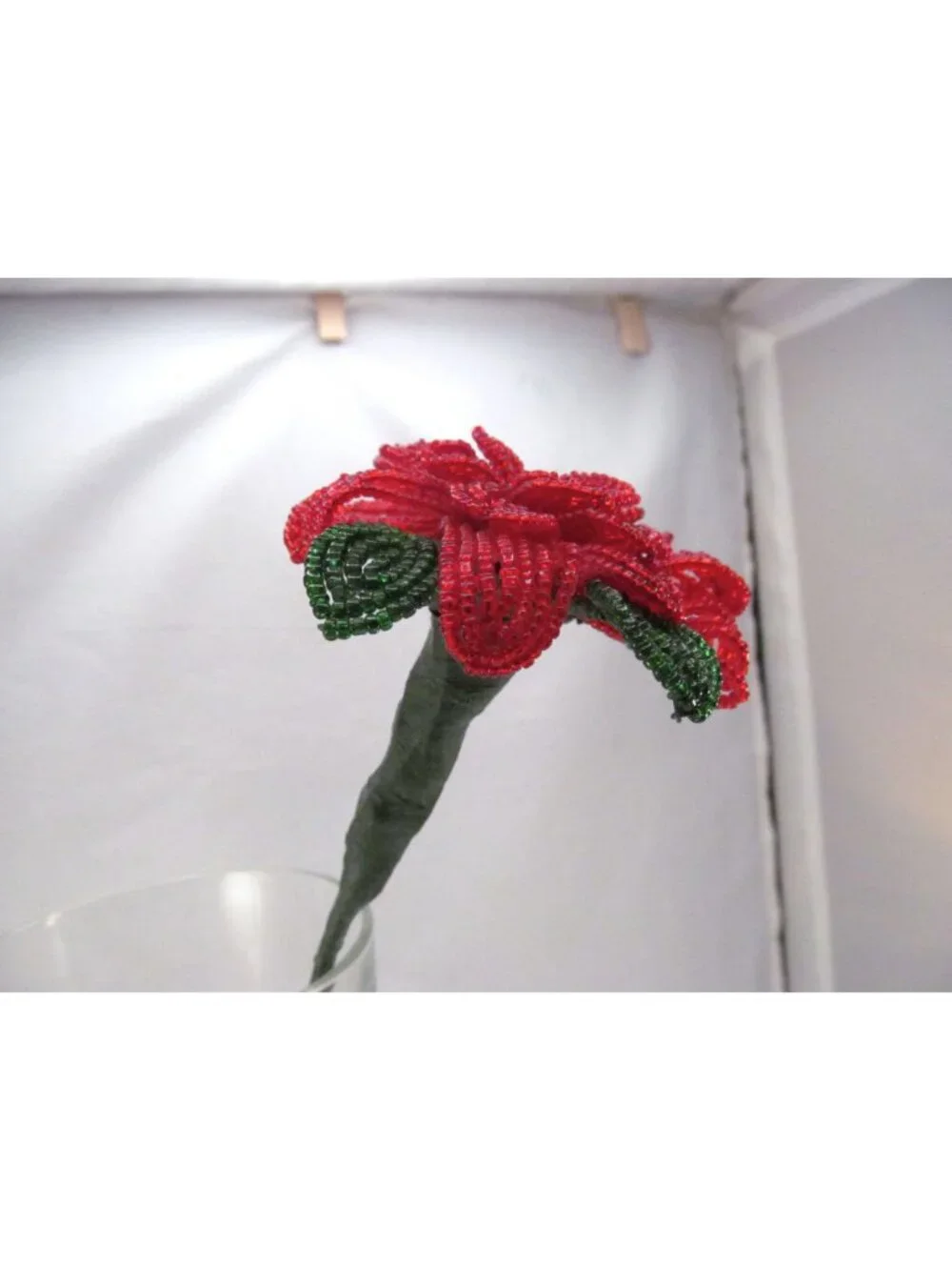 Handcrafted Red & Green French Beaded Flower with Stem Home Decor Gift 11 inch